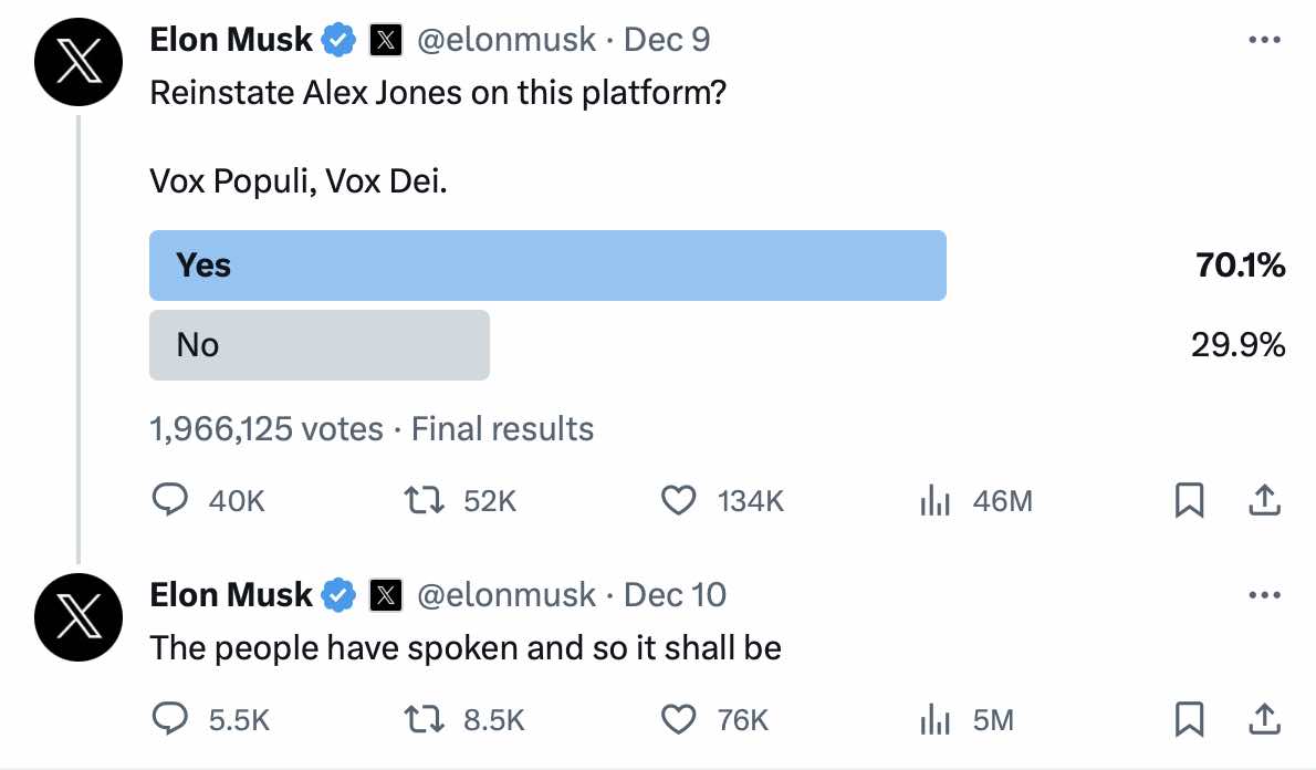 Pesquisa de Elon Musk no Twitter sobre volta de Alex Jones 