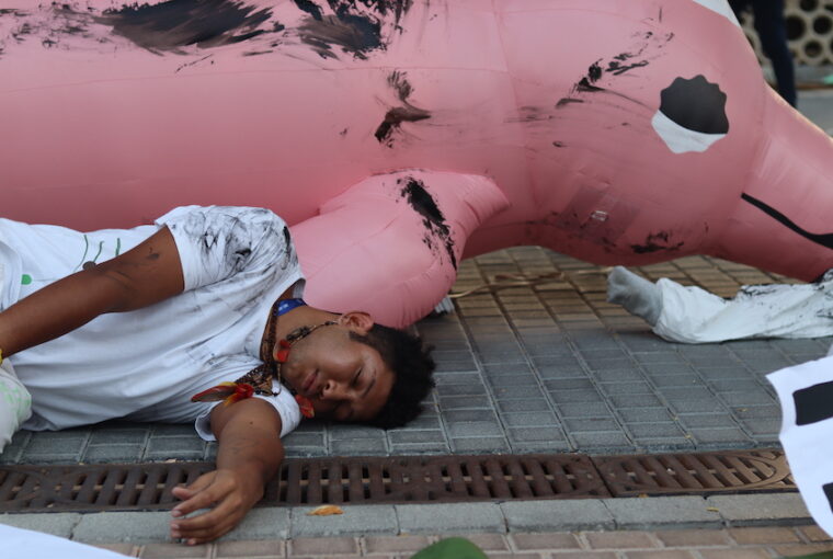 Escultura de Boto cor-de-rosa em protesto contra exploração de óleo na Amazônia durante a COP28