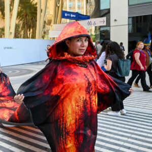 Manifestante protesta em Dubai por financiamento para afetados pela crise do clima