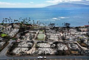 Local atingido por incêndio florestal no Havaí é uma das fotos sobre os principais eventos climáticos 2023