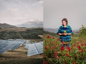 Painéis solares e uma agricultora segurando uma fruta tropical produzida na Sicília, é uma das fotos de Meio Ambiente que concorre ao prêmio Sony Photography Awards 