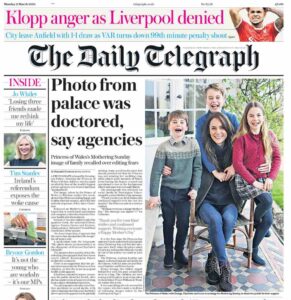 Capa do jornal Daily Telegraph com foto de Kate Middleton manipulada