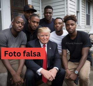Foto falsa de Donald Trump ao lado de homens negros, manipulada com ferramentas de IA 