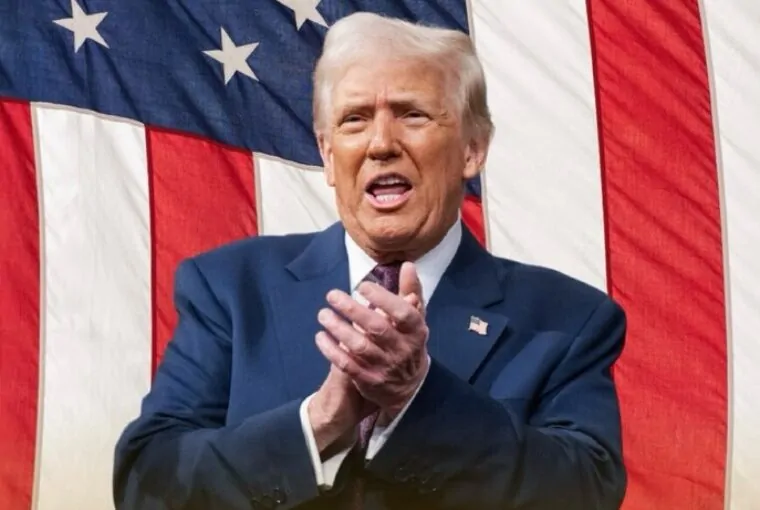 Donald Trump com bandeira dos EUA ao fundo ao anunciar aumento de tarifas de importação atingindo vários países, incluindo o Brasil