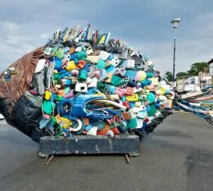 Escultura de peixe feita com lixo plástico, tema do Dia Mundial do Meio Ambiente 2025