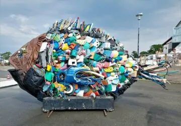 Escultura de peixe feita com lixo plástico, tema do Dia Mundial do Meio Ambiente 2025