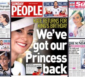 Capas de jornais britânicos noticiando volta de Kate Middleton à cena na parada de aniversário do rei em Londres