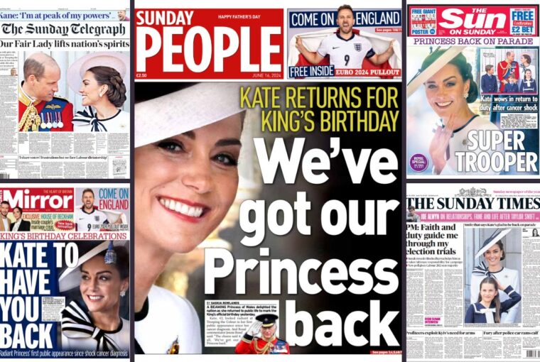 Capas de jornais britânicos noticiando volta de Kate Middleton à cena na parada de aniversário do rei em Londres
