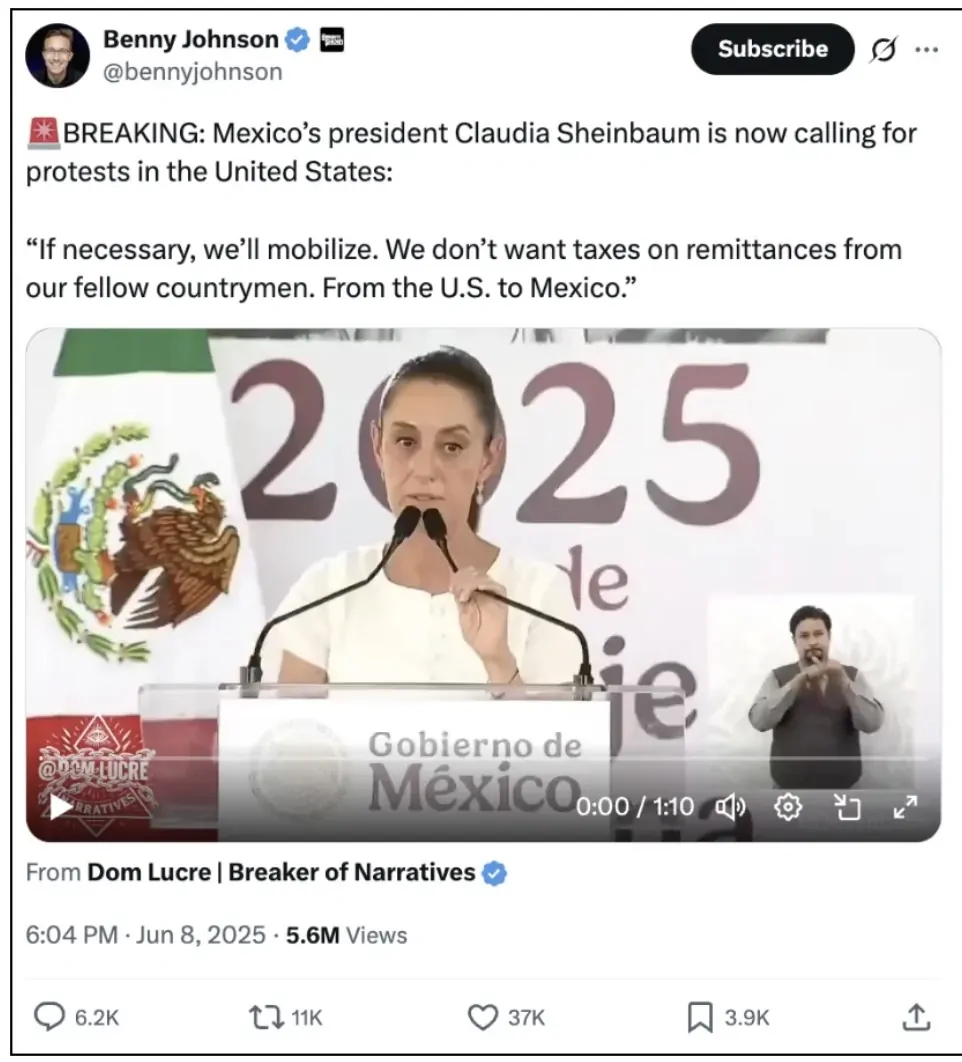 Post no X com vídeo falso da presidente do México, fake news sobre os protestos em Los Angeles 