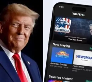 Donald Trump ao lado de smartphone exibindo a nova plataforma de streaming Truth+ lançada pelo presidente