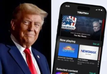 Donald Trump ao lado de smartphone exibindo a nova plataforma de streaming Truth+ lançada pelo presidente