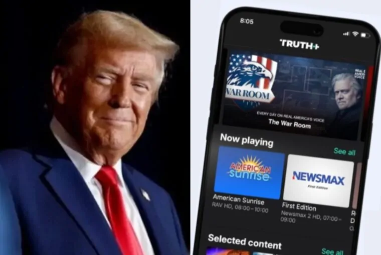 Donald Trump ao lado de smartphone exibindo a nova plataforma de streaming Truth+ lançada pelo presidente
