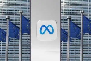 Bandeiras da União Europeia e logo da Meta