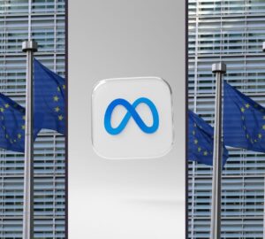 Bandeiras da União Europeia e logo da Meta