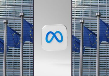 Bandeiras da União Europeia e logo da Meta