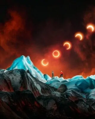 Eclipse solar no Glaciar Leone. A imagem foi selecionada em 1o lugar no concurso de fotografia colorida