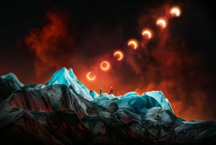 Eclipse solar no Glaciar Leone. A imagem foi selecionada em 1o lugar no concurso de fotografia colorida