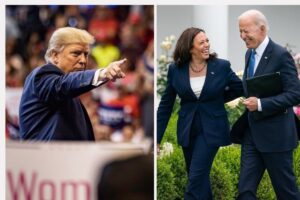 Donald Trump, Kamala Harris e Joe Biden na campanha eleitoral dos EUA