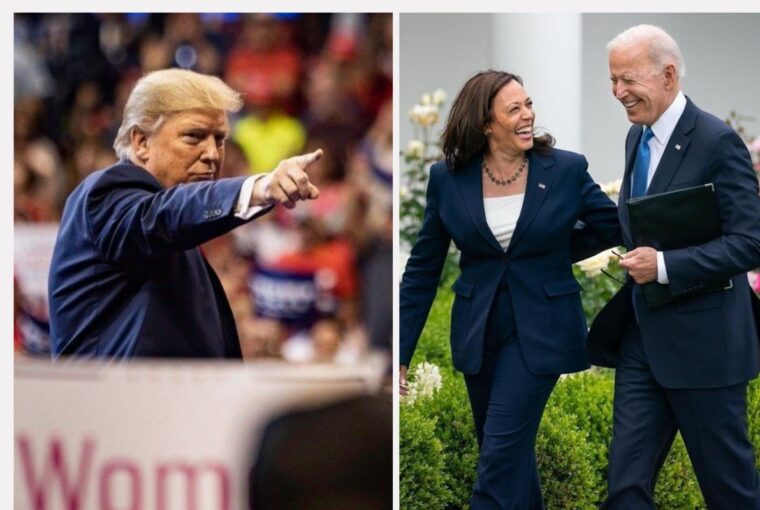 Donald Trump, Kamala Harris e Joe Biden na campanha eleitoral dos EUA