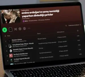 Computador com tela de playlist criada no Spotify na Turquia satirizando mulher do presidente Erdogan