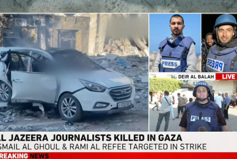 Captura de tela da rede Al Jazeera com notícia de seus dois jornalistas mortos em Gaza pelo exército de Israel