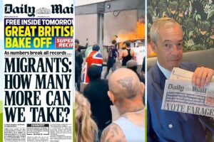 Capa de jornal anti-imigrante, político Nigel Farage e cena dos protestos de extrema-direita no Reino Unido