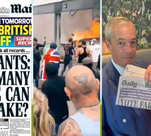 Capa de jornal anti-imigrante, político Nigel Farage e cena dos protestos de extrema-direita no Reino Unido