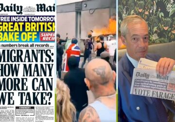 Capa de jornal anti-imigrante, político Nigel Farage e cena dos protestos de extrema-direita no Reino Unido