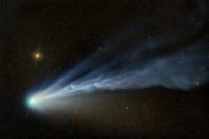 O cometa 12P/Pons−Brooks reagiu visivelmente aos ventos solares intensificados associados ao máximo solar, criando um espetáculo de dinâmica de cauda e tons coloridos 