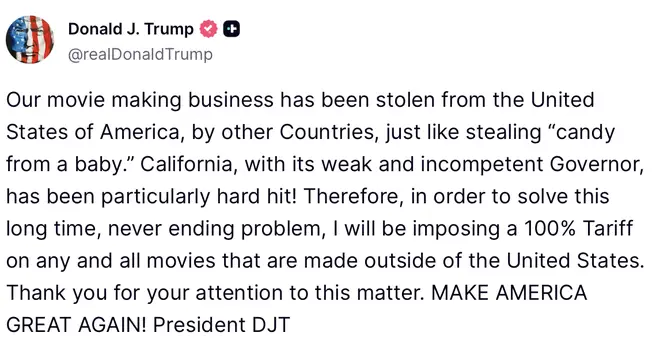 Postagem de Donald Trump sobre imposto de 100% sobre filmes rodados fora dos EUA