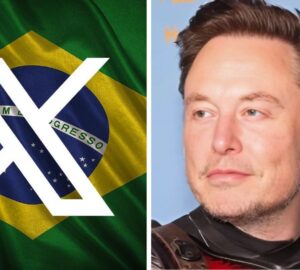 Logomarca do Twitter com bandeira do Brasil ao lado de Elon Musk, dono do Twitter / X, alvo de bloqueio