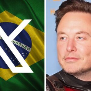 Logomarca do Twitter com bandeira do Brasil ao lado de Elon Musk, dono do Twitter / X, alvo de bloqueio