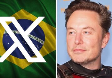 Logomarca do Twitter com bandeira do Brasil ao lado de Elon Musk, dono do Twitter / X, alvo de bloqueio