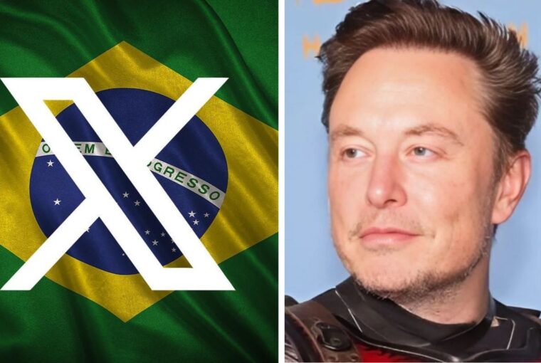 Logomarca do Twitter com bandeira do Brasil ao lado de Elon Musk, dono do Twitter / X, alvo de bloqueio