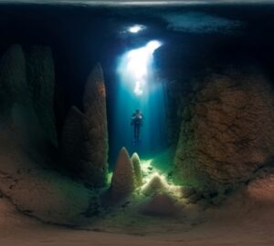 Mergulhador em uma caverna em Bonito, MS. A imagem foi premiada no concurso de fotos panorâmicas