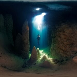 Mergulhador em uma caverna em Bonito, MS. A imagem foi premiada no concurso de fotos panorâmicas