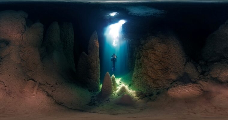 Mergulhador em uma caverna em Bonito, MS. A imagem foi premiada no concurso de fotos panorâmicas