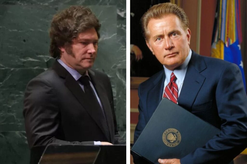 Javier Milei e Martin Sheen no personagem da série The West Wing