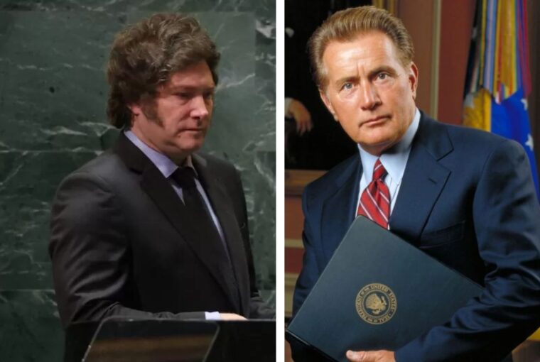 Javier Milei e Martin Sheen no personagem da série The West Wing