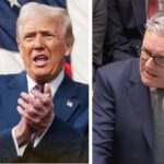 Donald Trump presidente dos EUA com bandeira ao fundo e Keir Starmer, premiê britânico