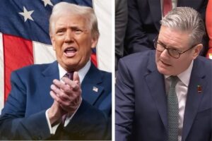 Donald Trump presidente dos EUA com bandeira ao fundo e Keir Starmer, premiê britânico