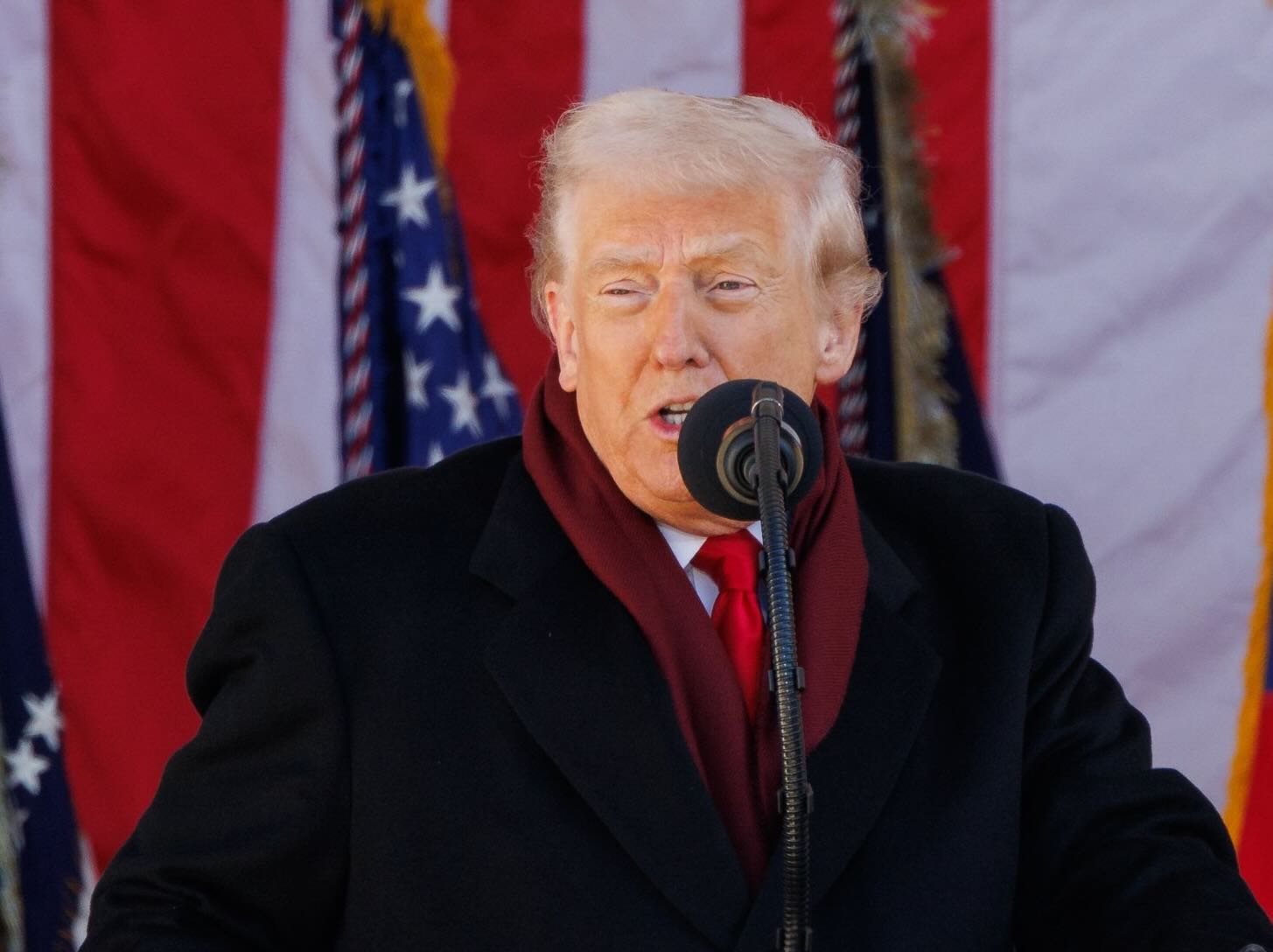 Donald Trump fazendo discurso com bandeiras ao fundo