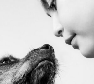 Cachorro e menina. A imagem foi premiada no concurso de fotos preto e branco