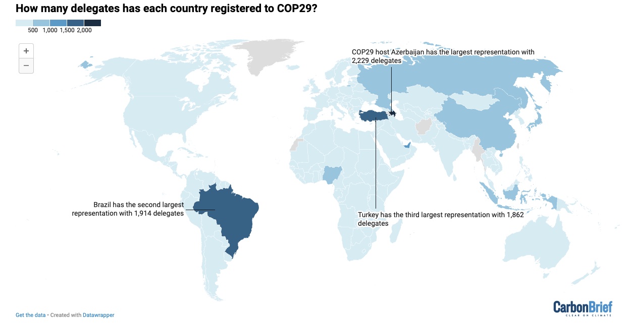 mapa mostra países com maior número de participantes na COP29 em Baku