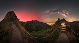 Via Láctea e as luzes do norte no Pico do Arierio, na Ilha da Madeira. A imagem foi premiada no concurso de fotos da aurora boreal