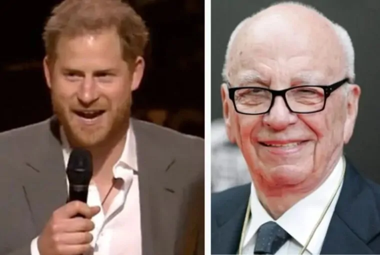 Harry e Rupert Murdoch, cujos jornais são alvo de processo judicial movido pelo príncipe