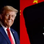 Donald Trump ao lado de smartphone com tela do TikTok e bandeira da china ao fundo