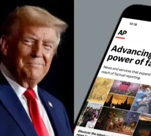 Donald Trump e smartphone mostrando home page da Associated Press