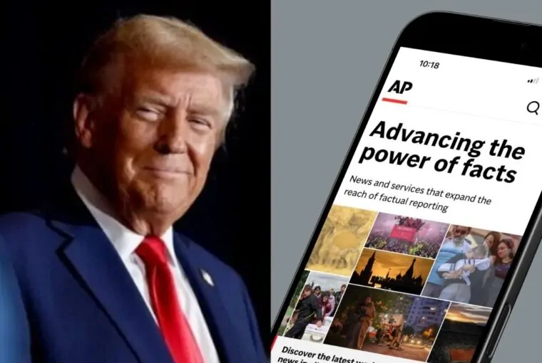 Donald Trump e smartphone mostrando home page da Associated Press