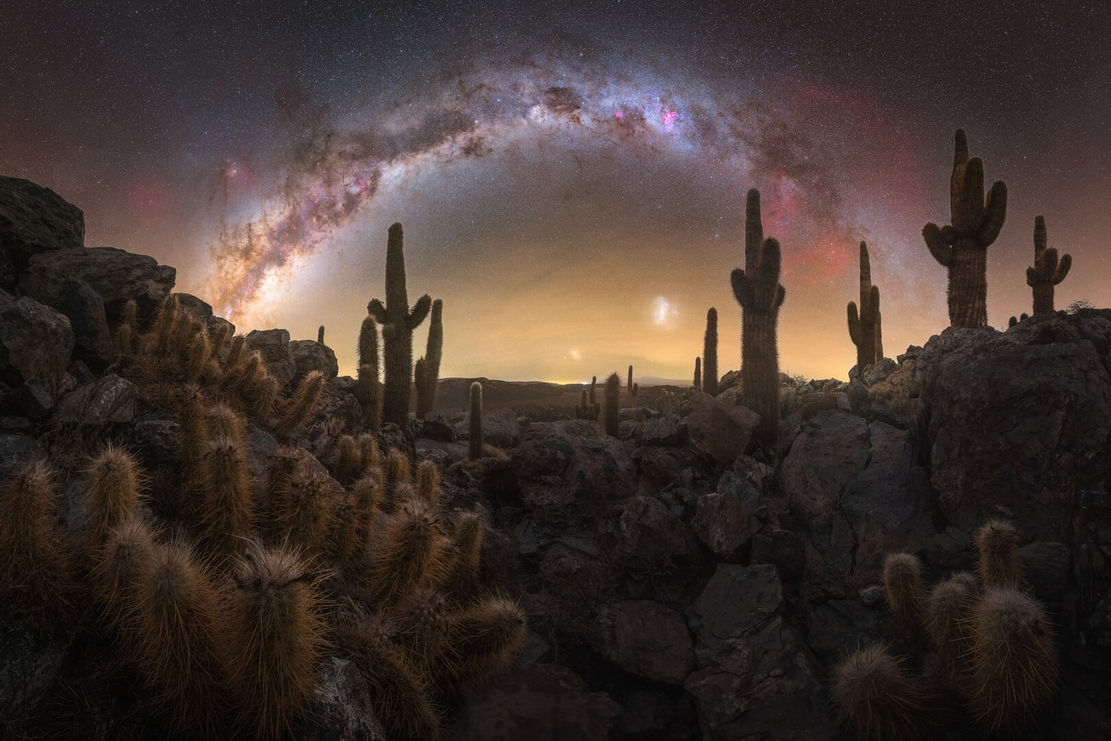 Via Láctea brilhando sobre o Vale dos Cactos no Atacama, Chile.